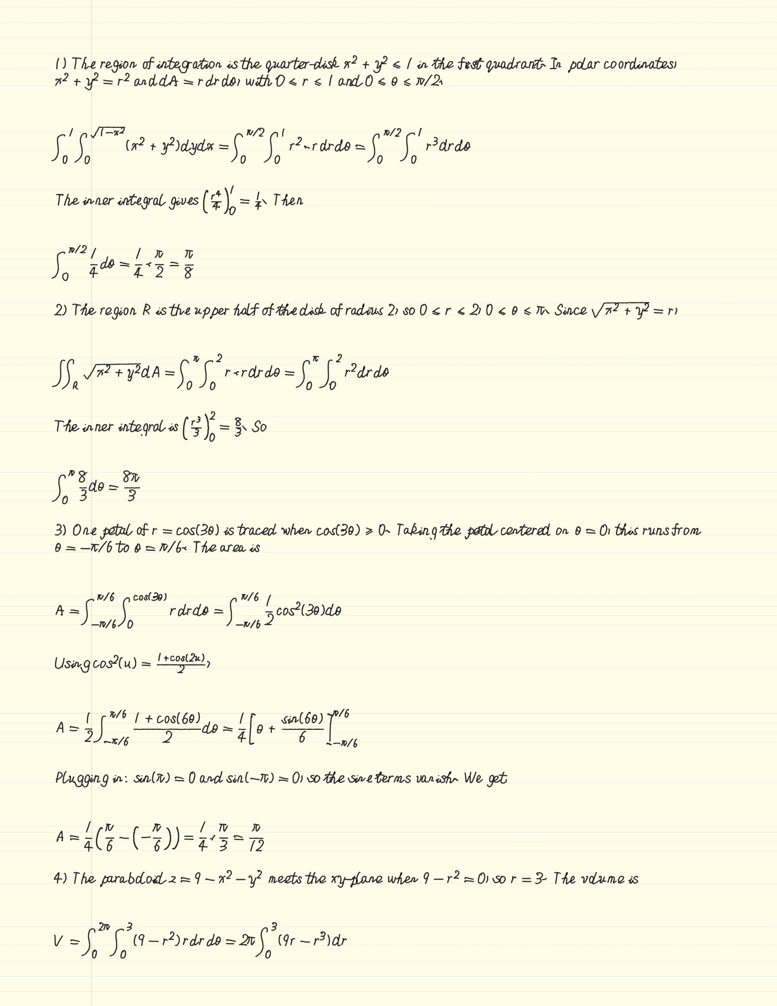 Double integral problem with full derivation in handwritten notation by Scrawl AI