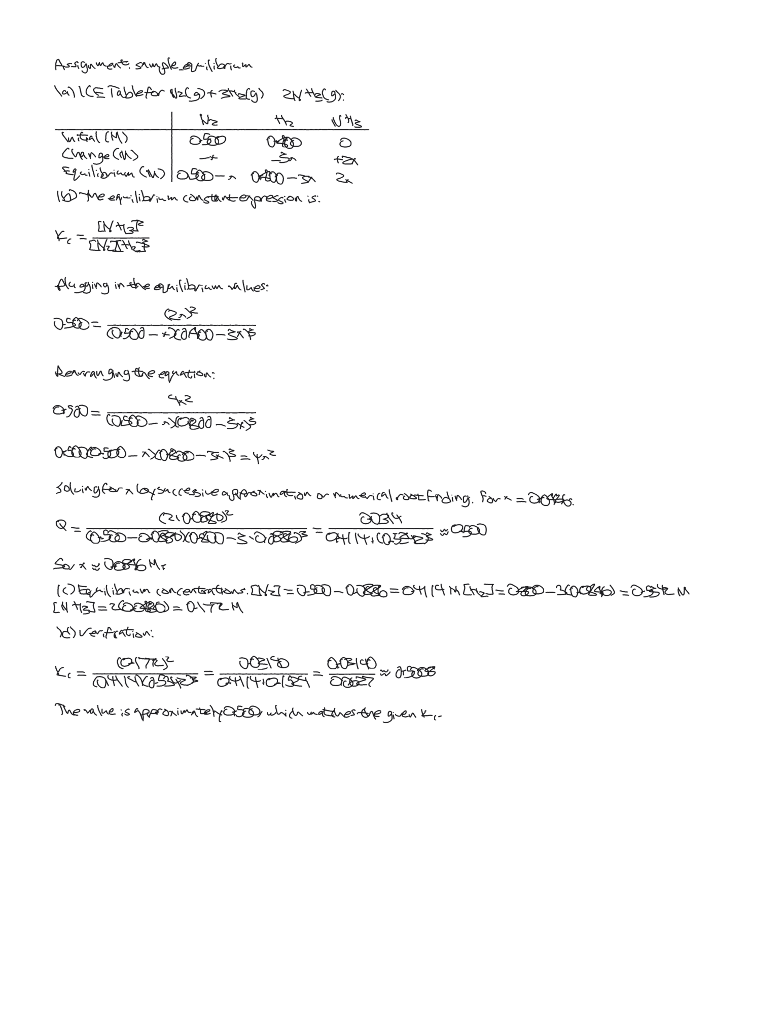 Chemistry equilibrium solution rendered in realistic handwriting by Scrawl AI