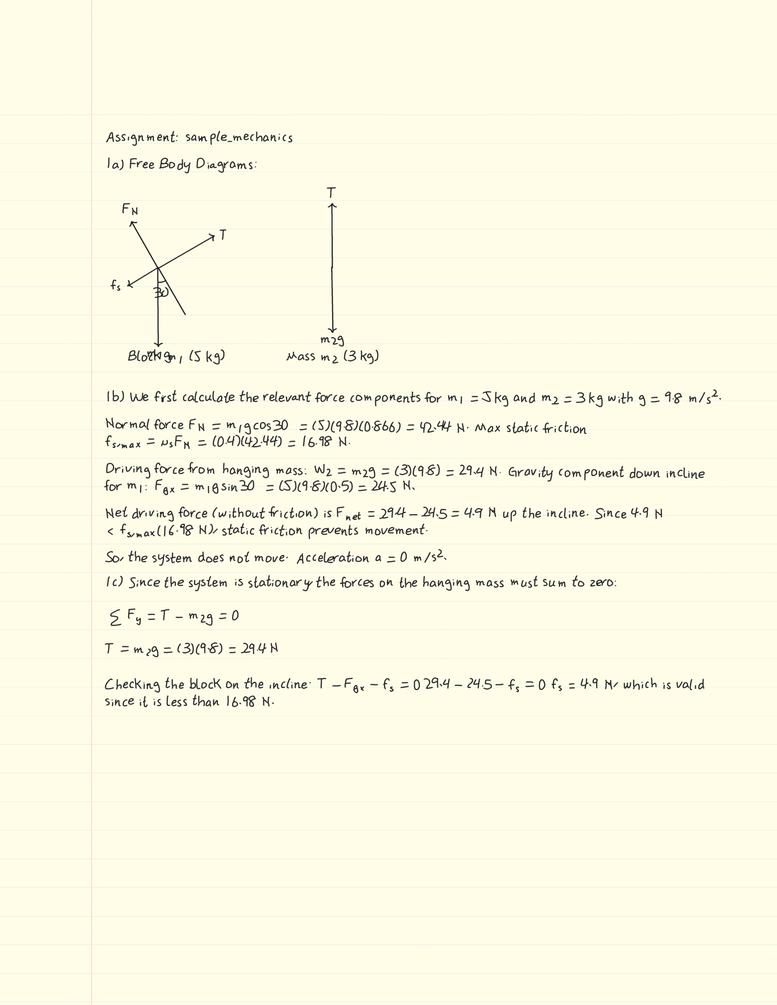 Handwritten mechanics solution with free body diagram rendered by Scrawl AI